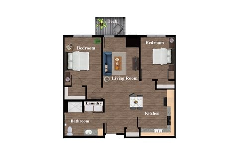 Floor plan for 2 beds, 1 bath, 838 sqft